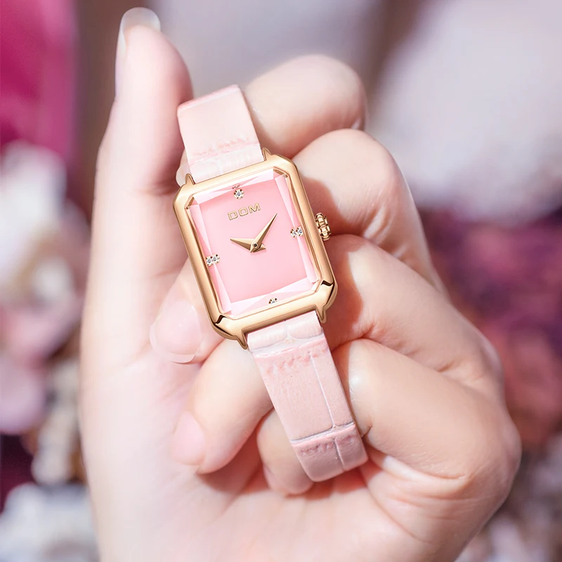 DOM 1370 Women's Square Quartz Watch Pink Fashion Elegant Simple Diamond Pointer Stainless Wristwatches for Ladies Watches