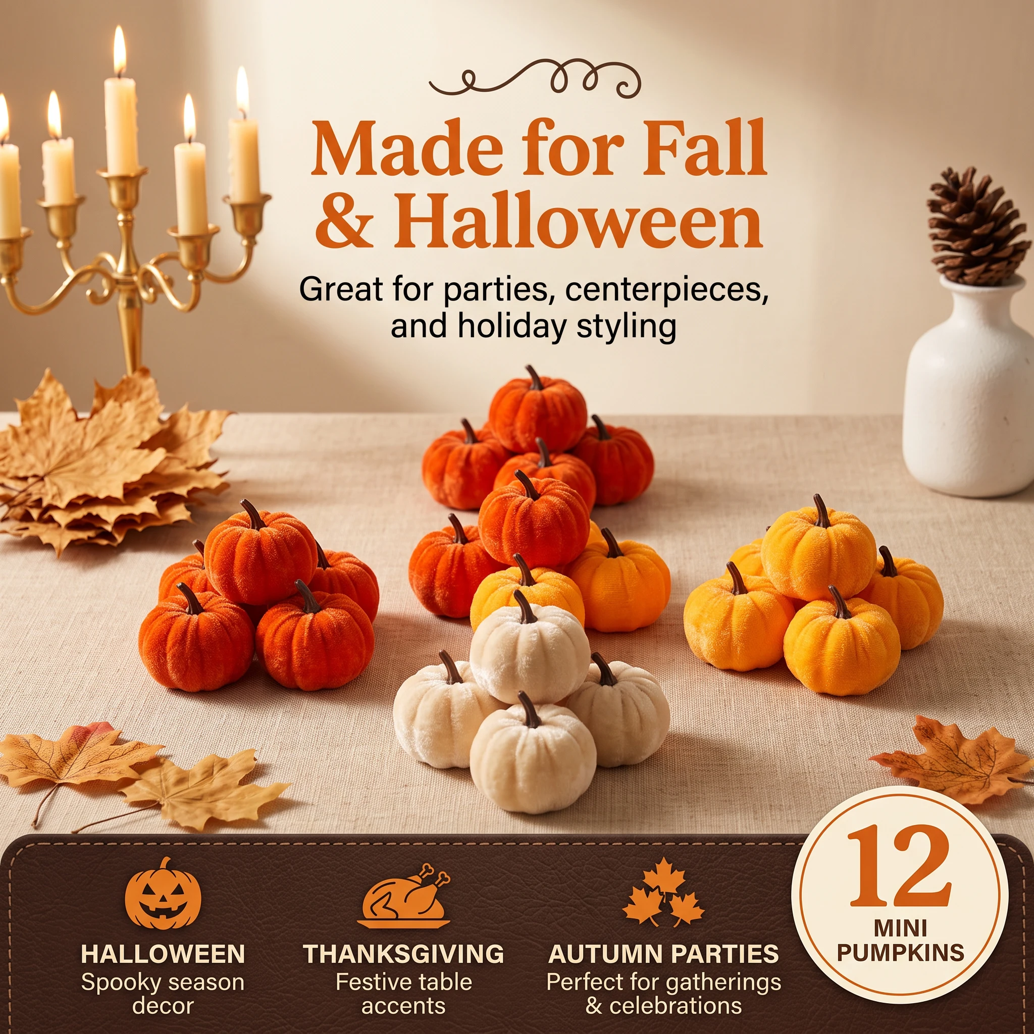 12pcs Velvet Pumpkin Decoration for Halloween Autumn Home Decor Tabletop Garden Ornaments Ideal for Thanksgiving Harvest Parties - view 2