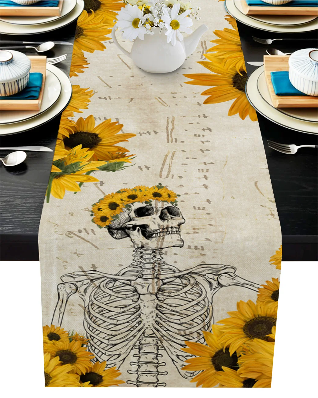 

Skull Sunflower Sheet Music Retro Linen Table Runners Kitchen Table Decoration Dining Table Runner Wedding Party Supplies