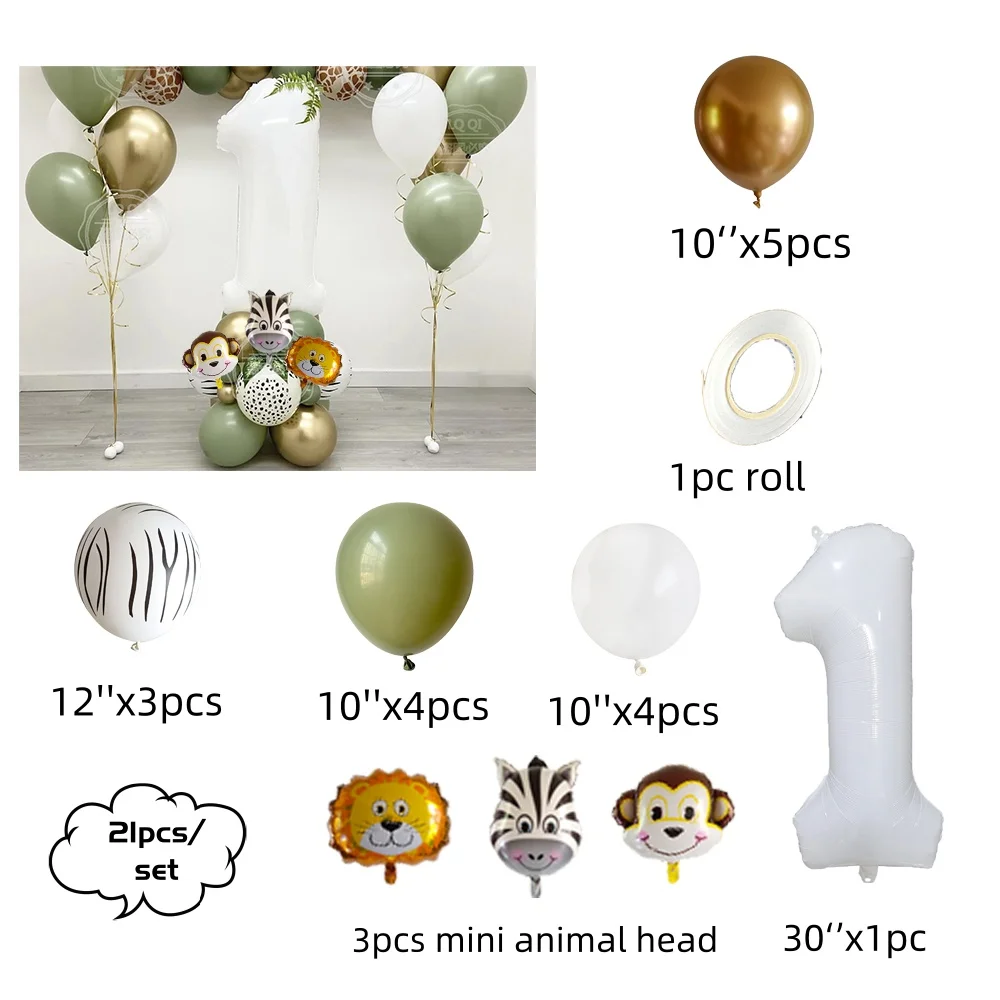 21/52pcs Jungle Animal Number Balloon Set Retro Avocado Green Metallic Gold Latex Balloon 1 Year Old Birthday Baby Shower Decora