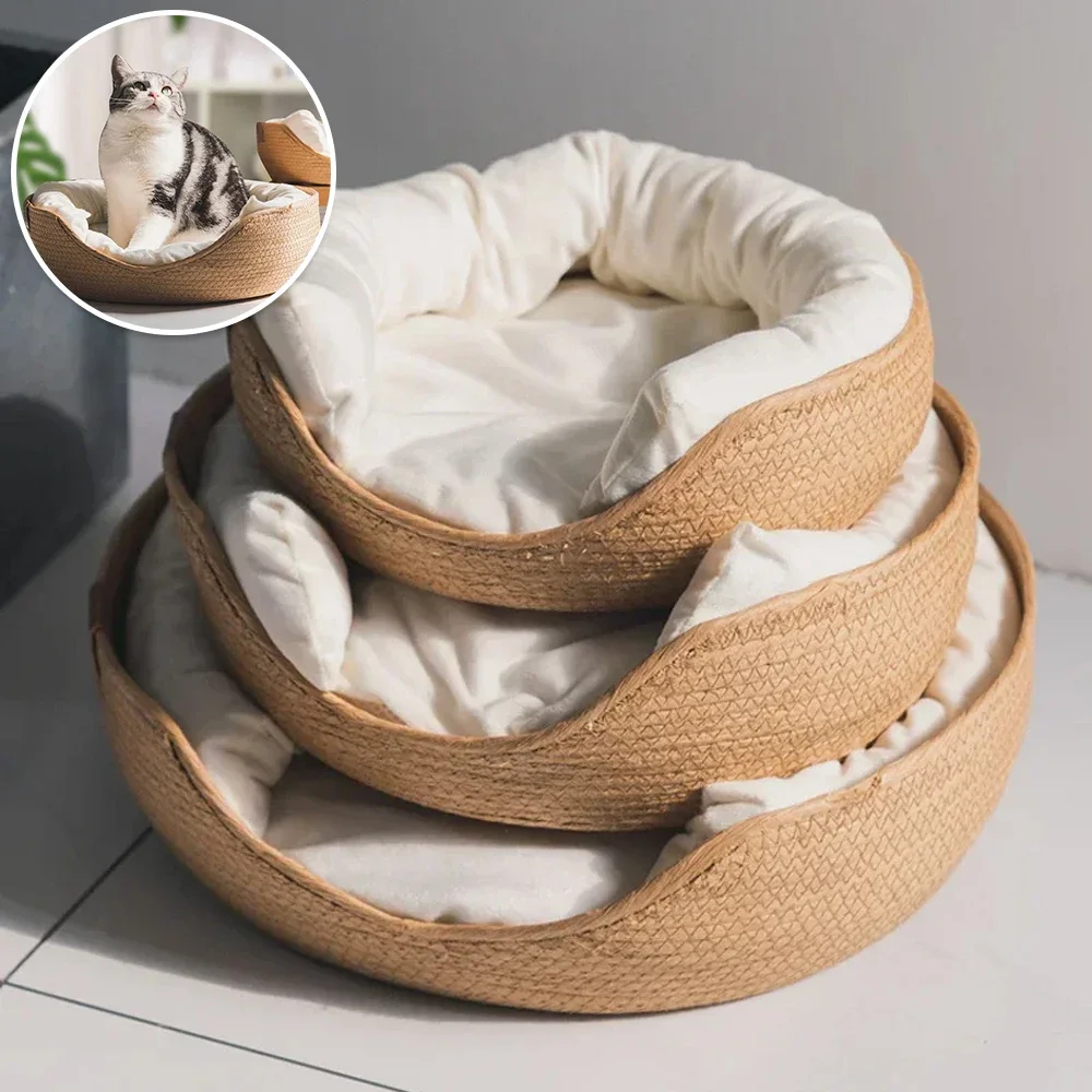 

Soft Cat Kennel Puppy Beds Kitten Recliner Cushion Removable 2 in 1 Cat Bed Bamboo Weaving Four Season Cozy Nest Baskets 반려동물 제품