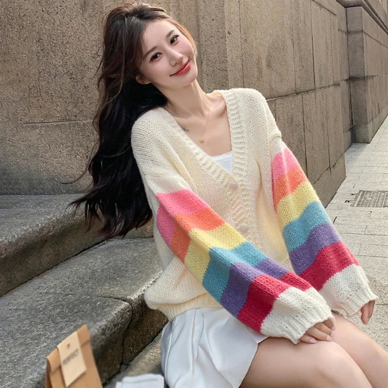 Women Cardigan Spring Autumn V-Neck Rainbow Stripes, Sweet Loose Sweater Lazy Wind, Dopamine Top