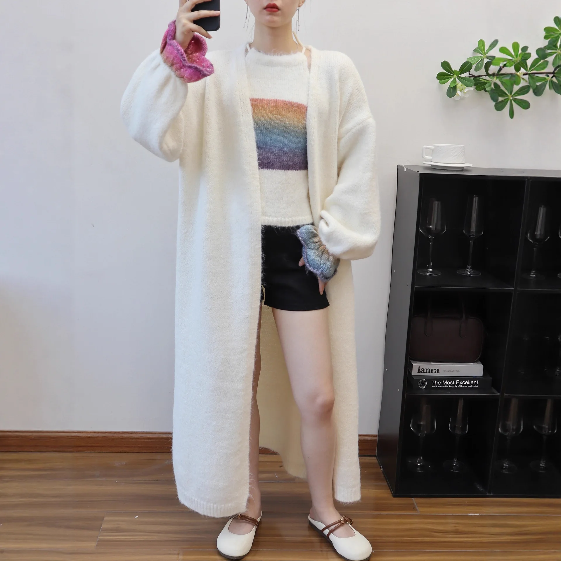

Two Pieces Women Cardigan Sets Knitted Sweaters Set Solid Gradient Sleeveless Camisole Ankle Lenth Cardigans Casual 2025 Autumn