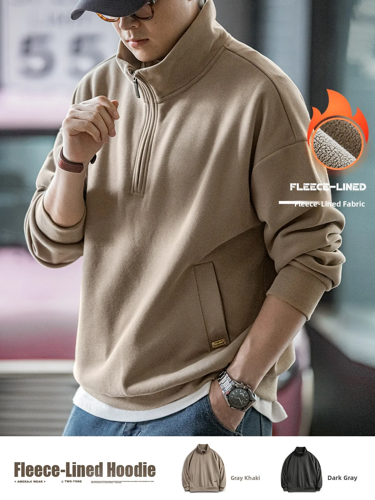

Maden Men's Fce Lined Hoodie Thiened Casual Zipper Stand Collar Sweatirt Warm Polyester Cotton Blend Autumn Winter Top