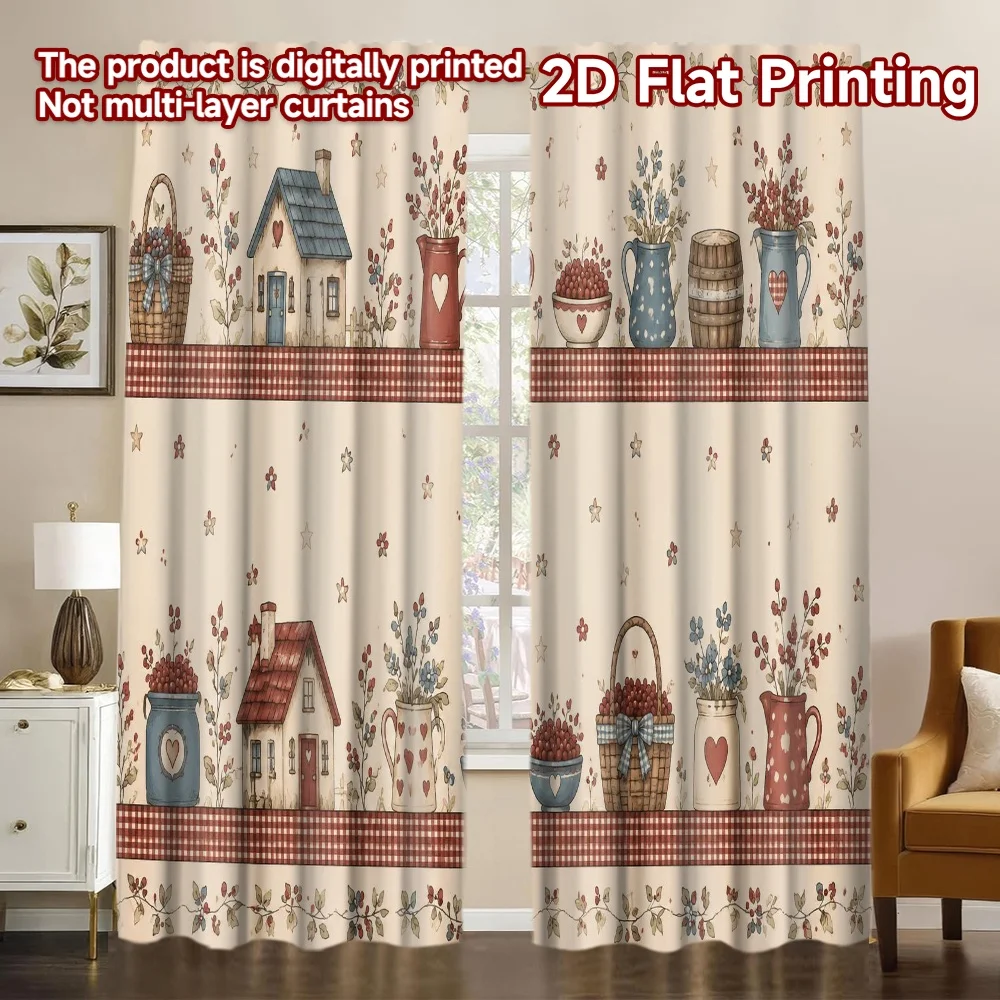 2D FLAT PRINTING 2pcs Curtains (Without Rod) Country Cottage Decor Popular Fashionable Curtains Versatile 100% Polyester