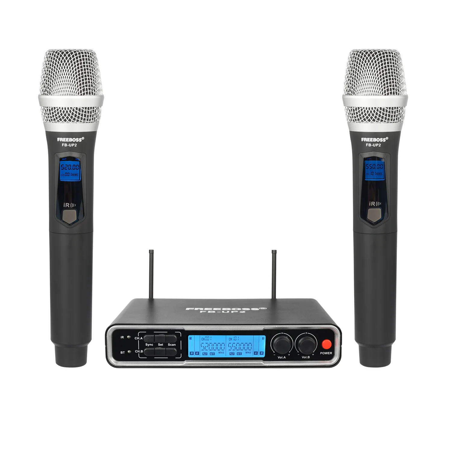 

FREEBOSS UHF Wireless Microphone 2*100 Channels Bluetooth Auto Scan Frequency Function 18650 Li-Battery Dynamic Mic FB-UP2