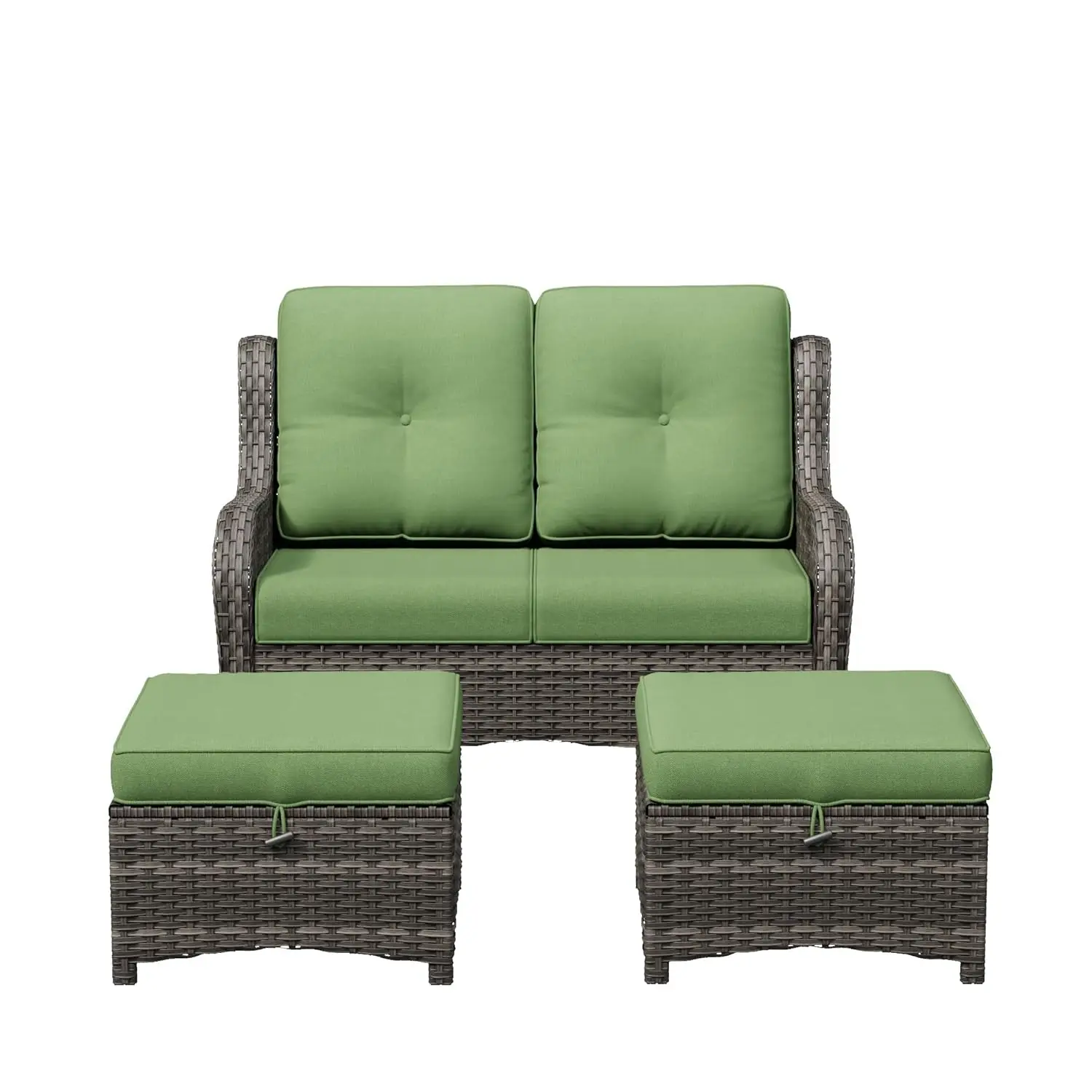 

3pc Outdoor Loveseat Set High Back Deep Seat Olefin Cushion Hand-Woven PE Rattan Wicker with 2 Ottomans Porch Deck, Customized