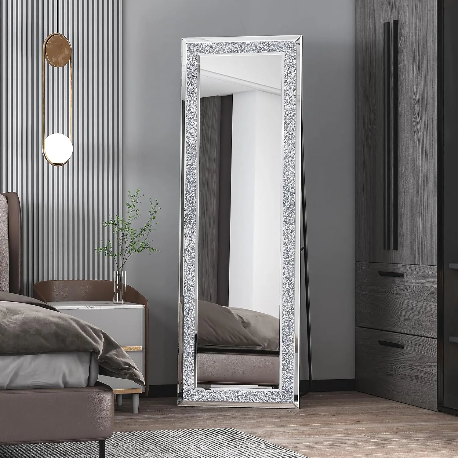 Crystal Crushed Diamond Full Body Mirror Sparkling Silver High Definition Standing Mirror 59