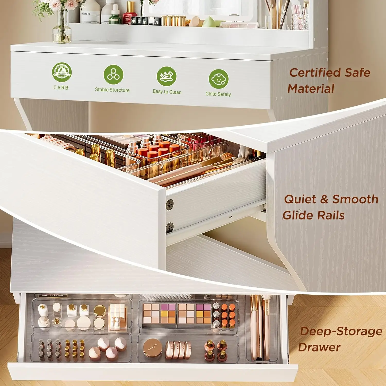 White Small Makeup Vanity Desk with Mirror, Lights, Storage Drawer, 2 Shelves and 3 Compartments for Bedroom view 6