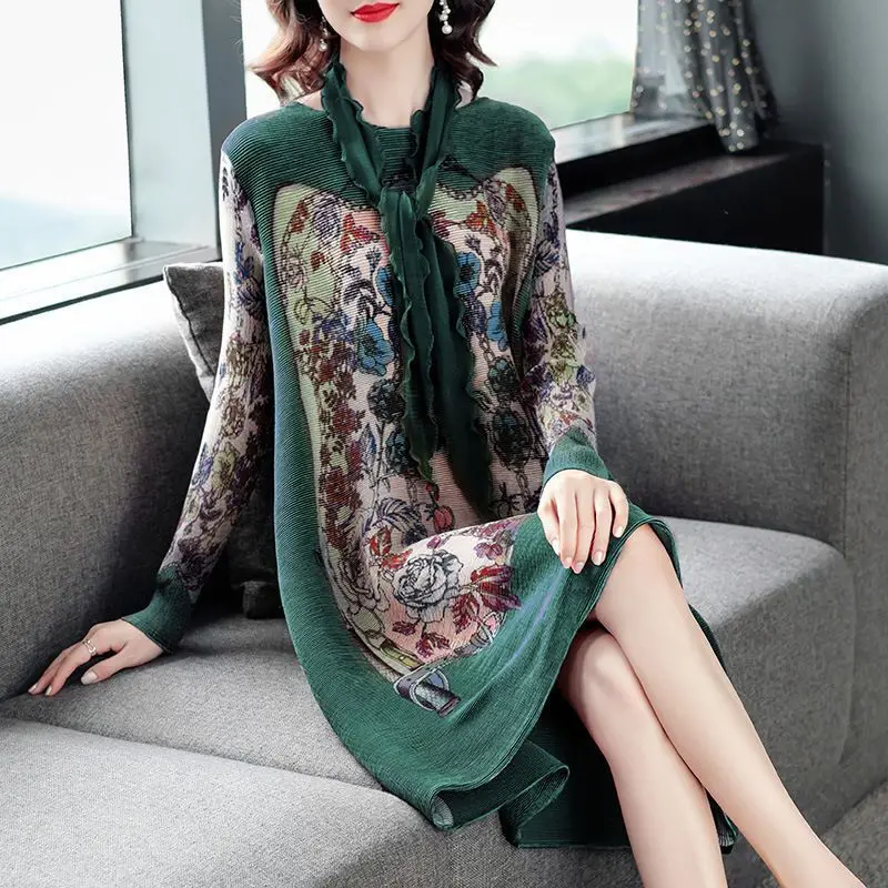 

Women's Clothing Vintage Floral Printed Dresses Casual Loose 2023 Spring Autumn Long Sleeve Commute A-Line Round Neck Midi Dress