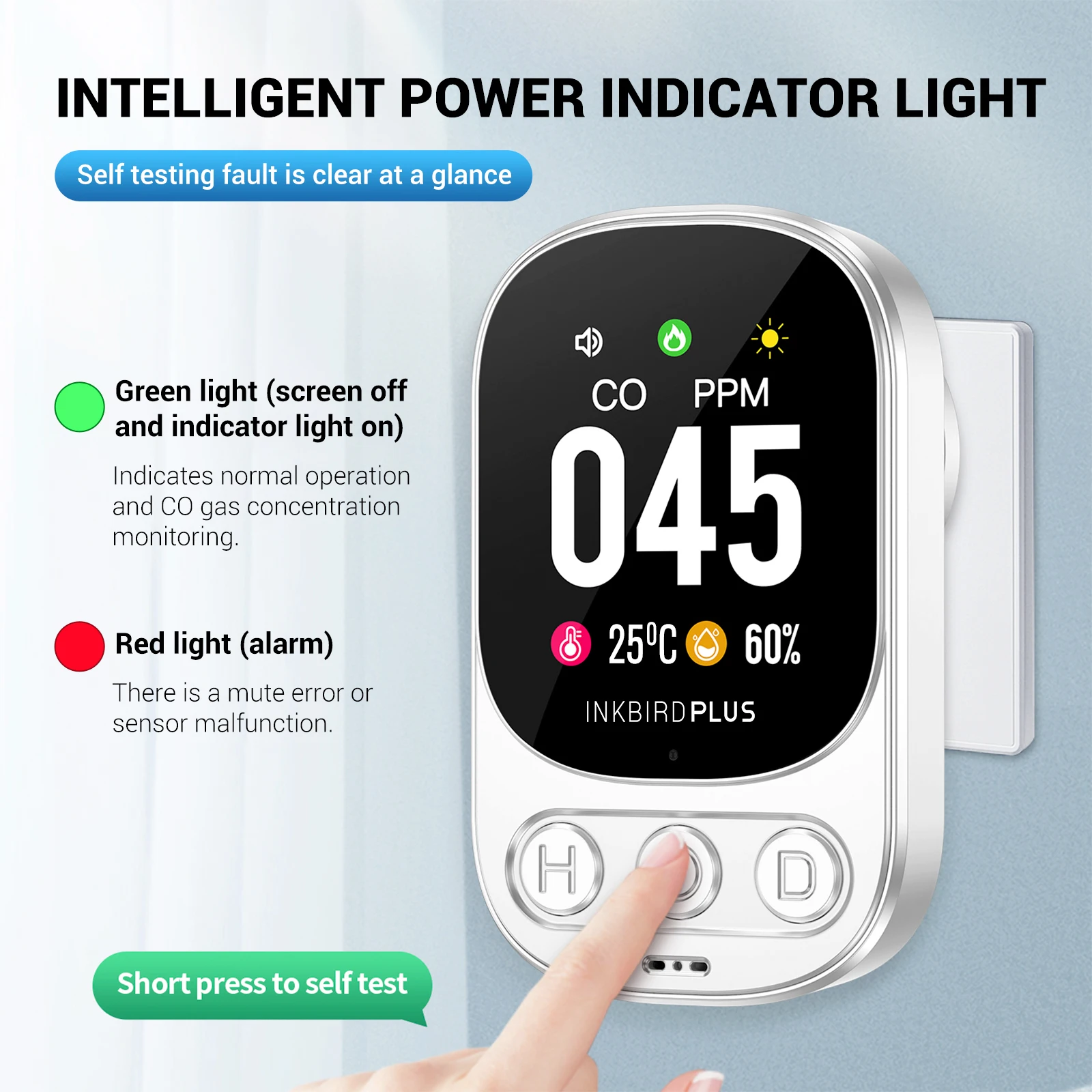 INKBIRDPLUS Plug-in wykrywacz tlenku węgla monitora wilgotności w pomieszczeniach 3 w 1 do domu, hotelu, pojazd rekreacyjny