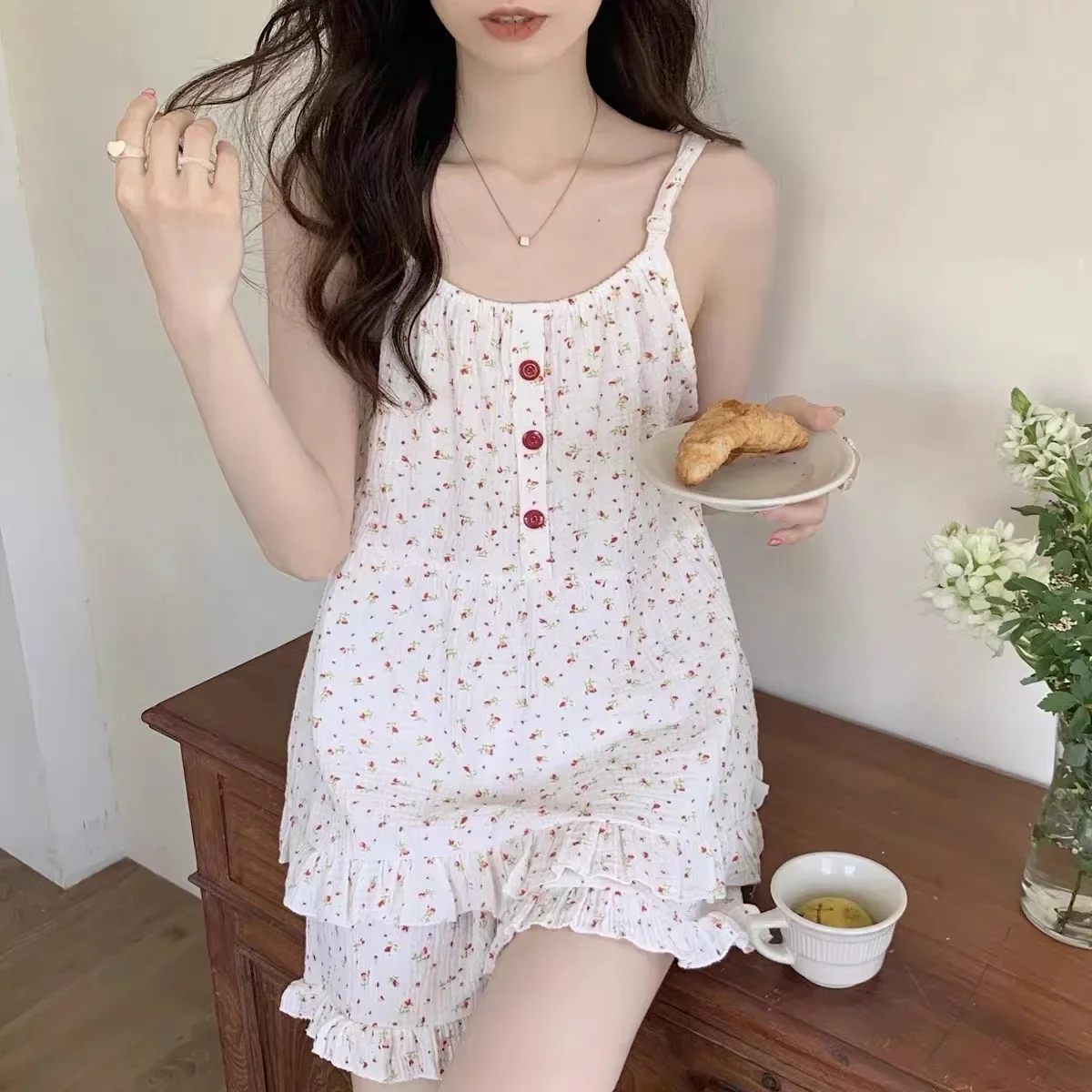 Женский пижамный комплект из 2 предметов, хлопковая одежда для сна на тонких бретельках, кавайная пижама с цветочным принтом, домашняя одежда, платье-комбинация для девочек