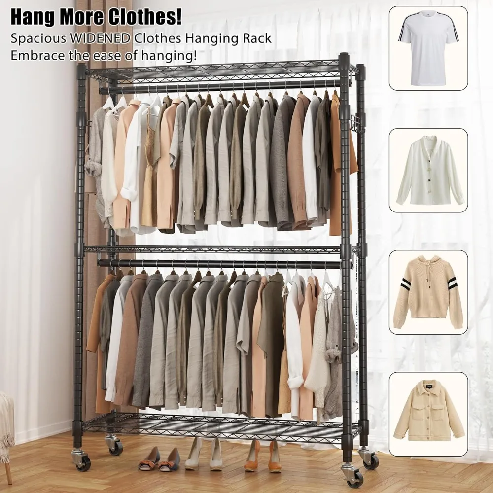 Heavy Duty Garment Rack on Wheels, Rolling Clothes Racks for hanging clothes,Simple Sturdy Wardrobe Rack with DoubleHanging Rods