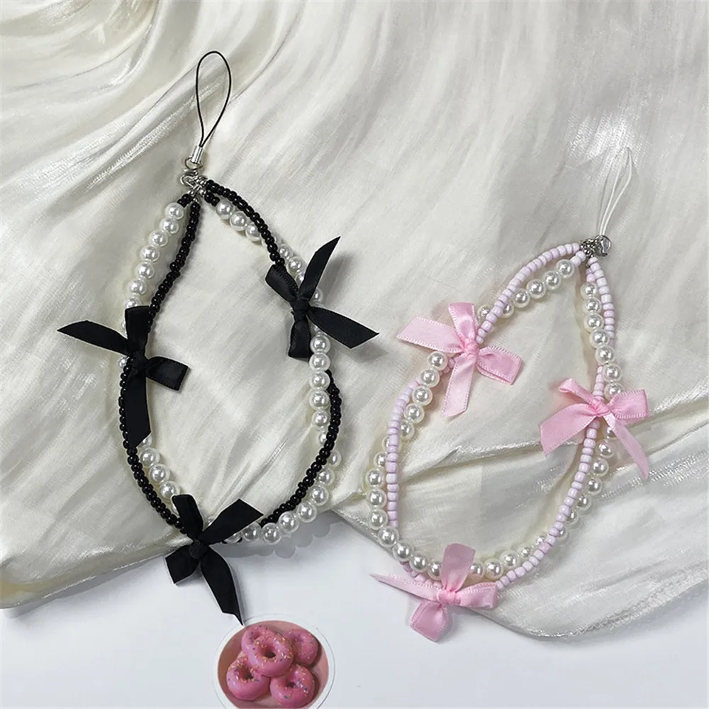 Y2K Cute Pink Black Bow Beaded Phone Chain Charm Lanyard For iPhone For Samsung For Huawei Universal Accessories Jewelry Pendant