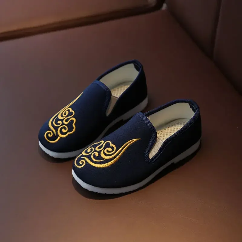 Children's Hanfu Handmade Shoes Chinese Traditional Black Embroidered Shoes Boys Vintage Soft Bottom Old Beijing Cloth Shoes