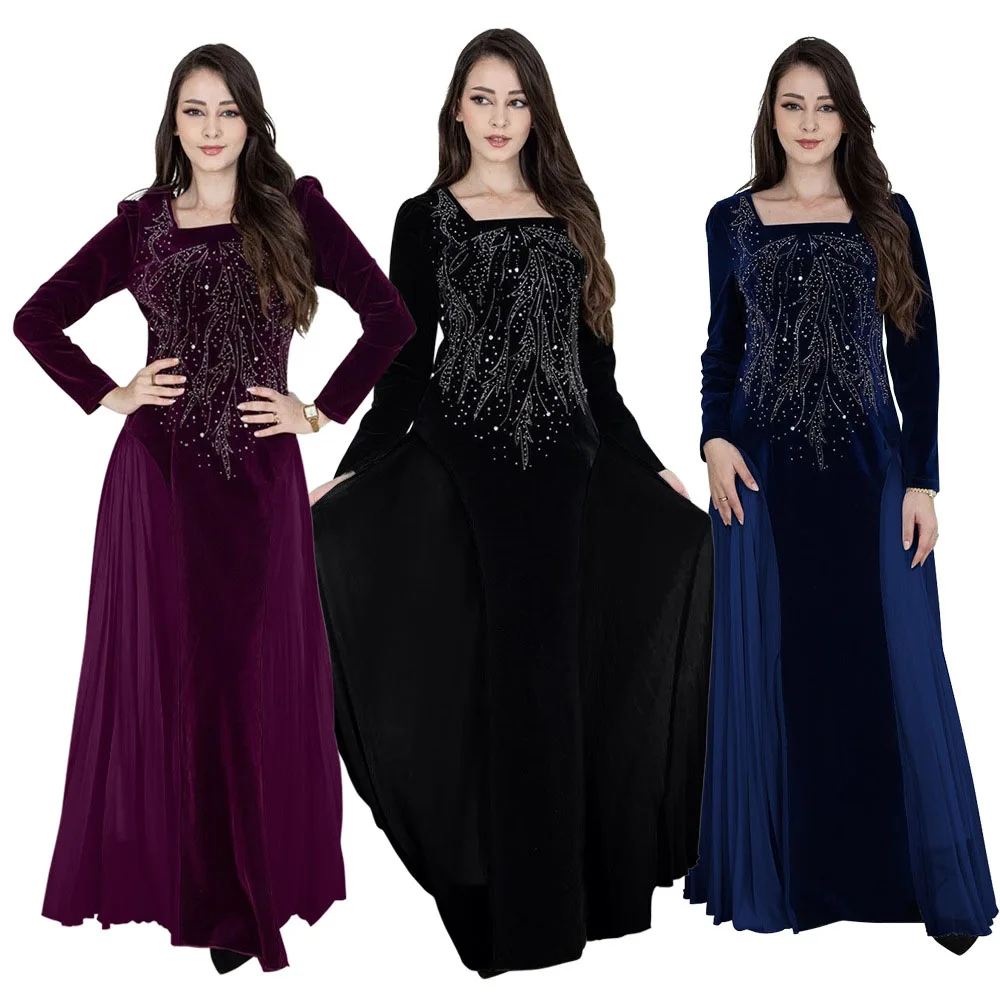 

Korean Velvet Chiffon Patchwork Hot Drilling Evening Dress Dubai Turkey Muslim Women's Clothing Square Neck Long Sleeved Abaya