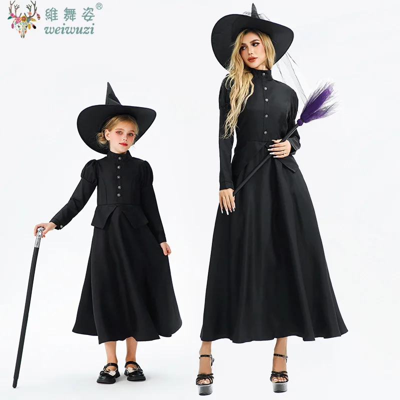 

Luxury Evil Witch Costume Adult Female Girl Full length Black Dress Role Playing Fancy Costume Halloween Carnival Party Costume