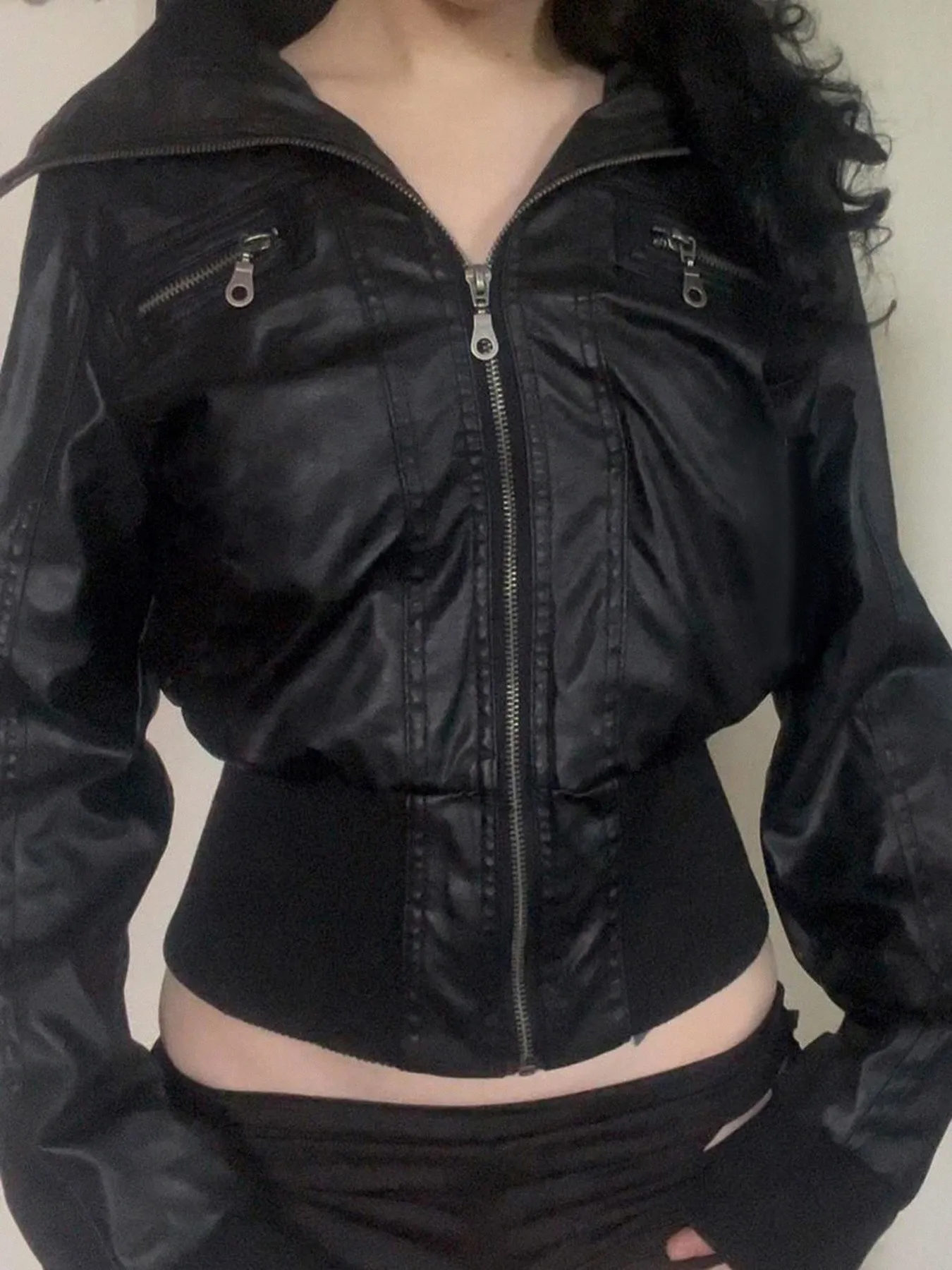Autumn Men's Clothing Slim Fit Zip Up Leather Jacket For Man Vintage Workwear Outerwear With Notched Collar Long Sleeves
