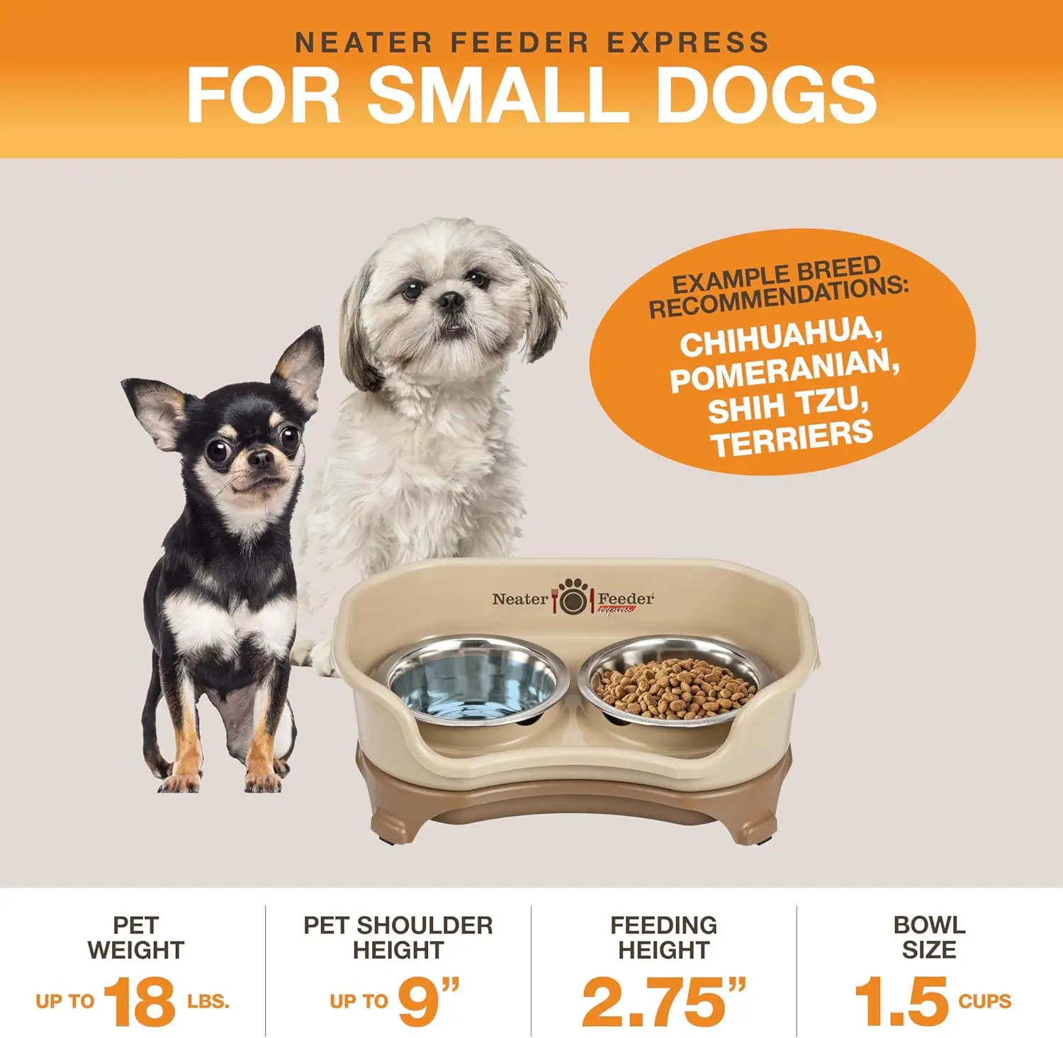 Express Model - Mess-Proof Dog Bowls (Small, Cappuccino) – Made in USA – Elevated, No Spill, Non-Tip, Non-Slip