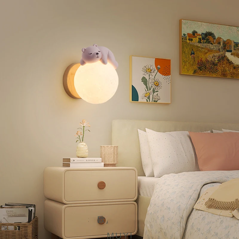 Imagem -04 - Cartoon Bear Moon Wall Light para Quarto Iluminação de Cabeceira Lâmpadas Noturnas de Coelho para o Quarto do Bebê Menino e Menina