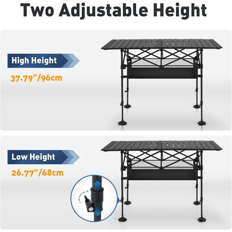 Camping Table Folding Outdoor Table with Adjustable Height, Large Storage Bag and Carrying Bag, Portable Aluminum Table