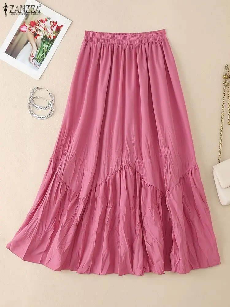 

ZANZEA 2025 Women's Midi Skirts Elastic Waist Seamed Crinkled Solid Color Elegant A-Line Long Skirt Streetwear Commuting Wear