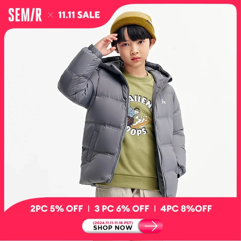 Semir Children's Down Jacket 2024 New Three-Proof Hooded Short Coat Winter Boys' and Girls' Printed Top