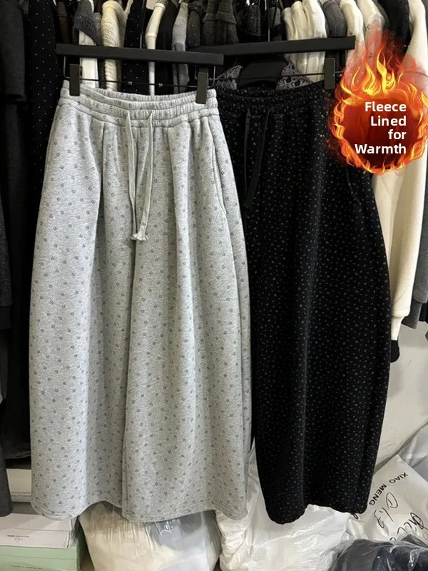 

Loose Fce Lined Thiened Casual Pants High Waist Knife plus Size Women's Winter New Floral Print Casual Trousers