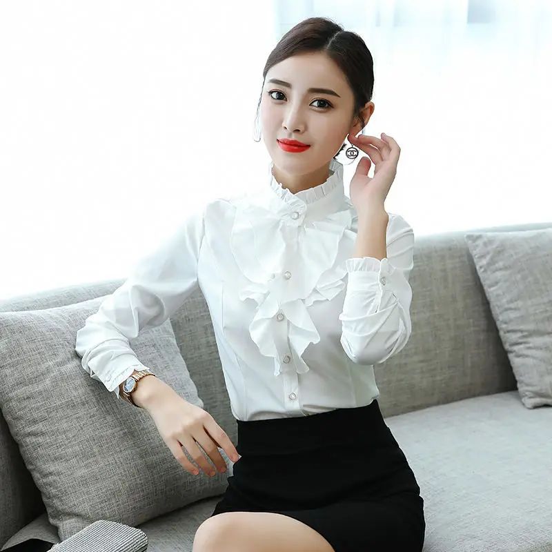 Elegant Ladies Tops Oversize 5XL Party Blouse Women Retro Vintage Victorian Gothic Lolita Long Sleeve Stand Collar Solid Shirt