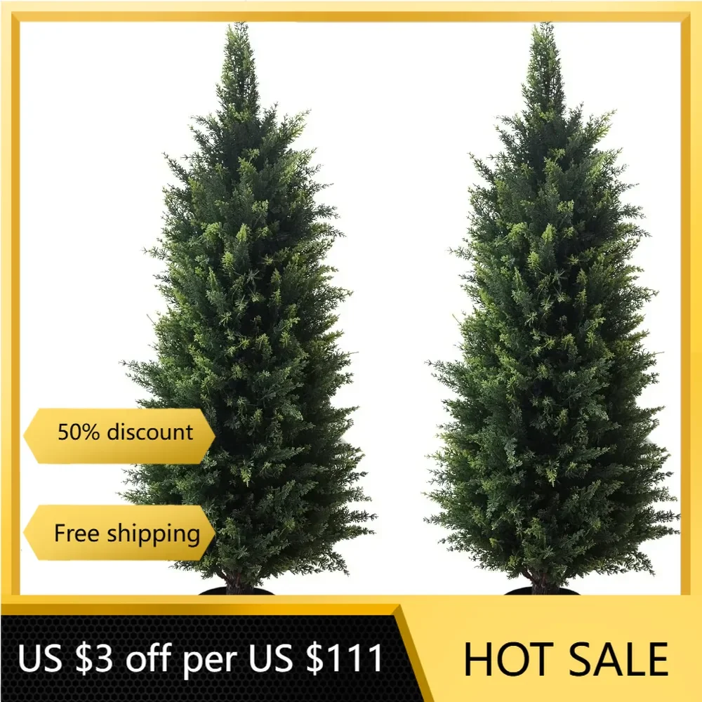 2 Pack 37 Inch Artificial Cedar Topiary Trees for Outdoor Front Porch Décor - UV Rated Fake Plants for Indoor and Outdoor Use