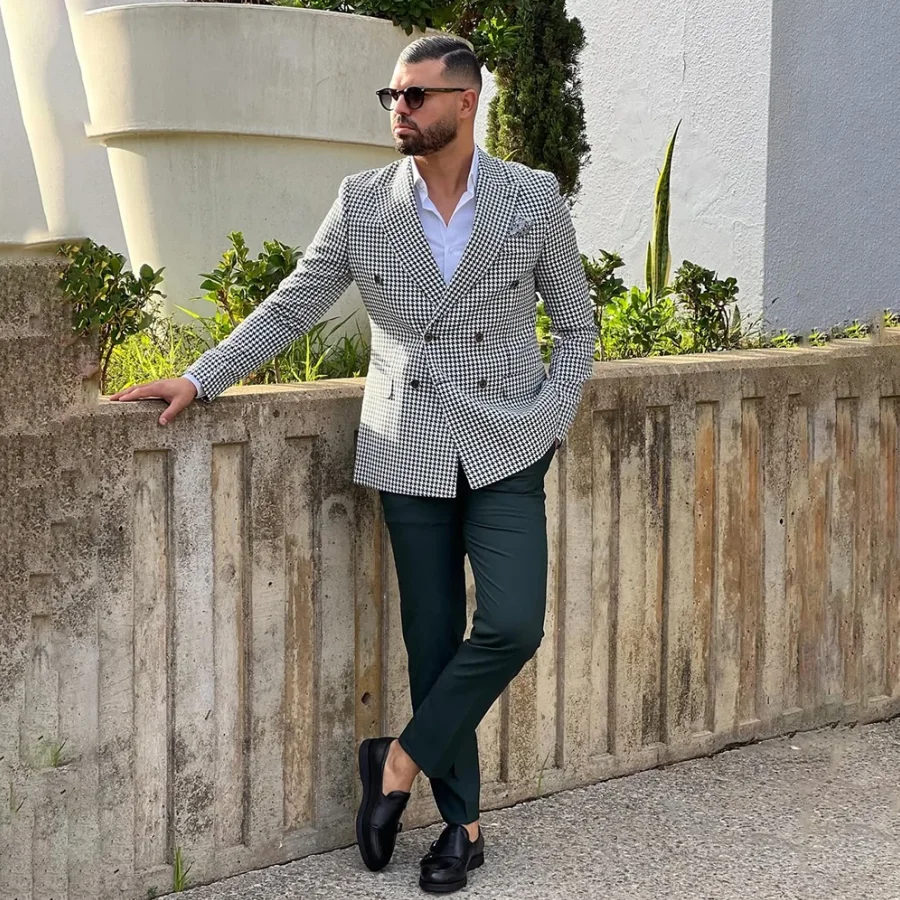 Daily Male Outfits 2 Pieces Houndstooth Jacket Solid Pants Double Breasted Peaked Lapel Skinny Blazer Formal Party Groom Blazer