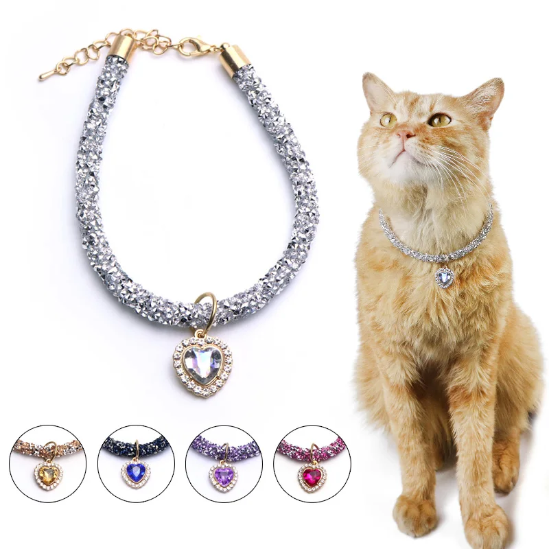 Luxury Crystal Cat Collar Heart Gem Pendant Party Reflective Rhinestone Necklace Adjustable Cats Puppy Chihuahua Pet Accessories