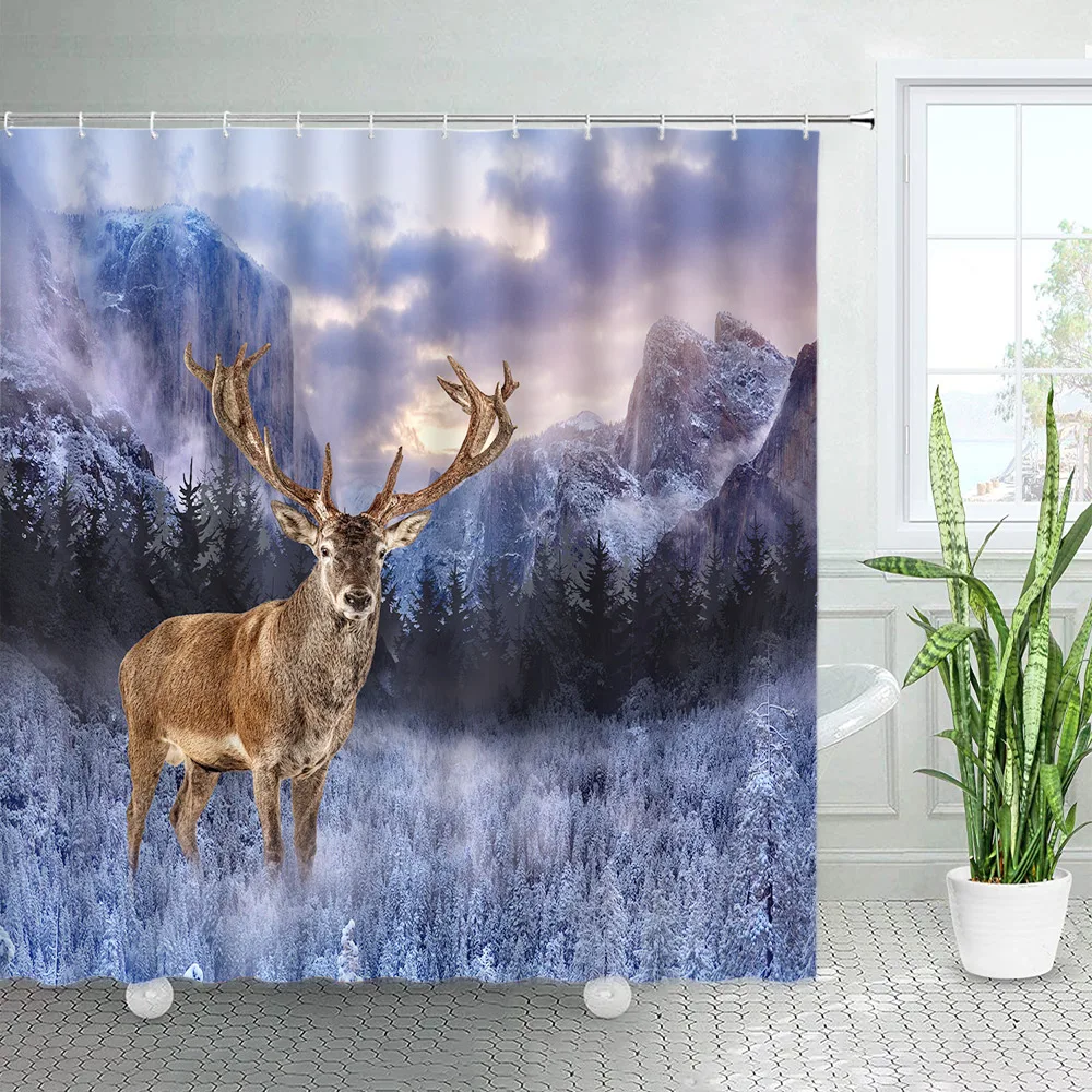 Winter Sport Snow Skiing Shower Curtains Cable Car on Ski Field with Pine firs Forest in Snowy Mountains Fabric Bath Curtain Set