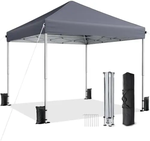 10x10 Pop Up Canopy Tent with One-Push Center Lock,Dark Gray | 3 Adjustable Heights, Carry Bag Included, Tents for