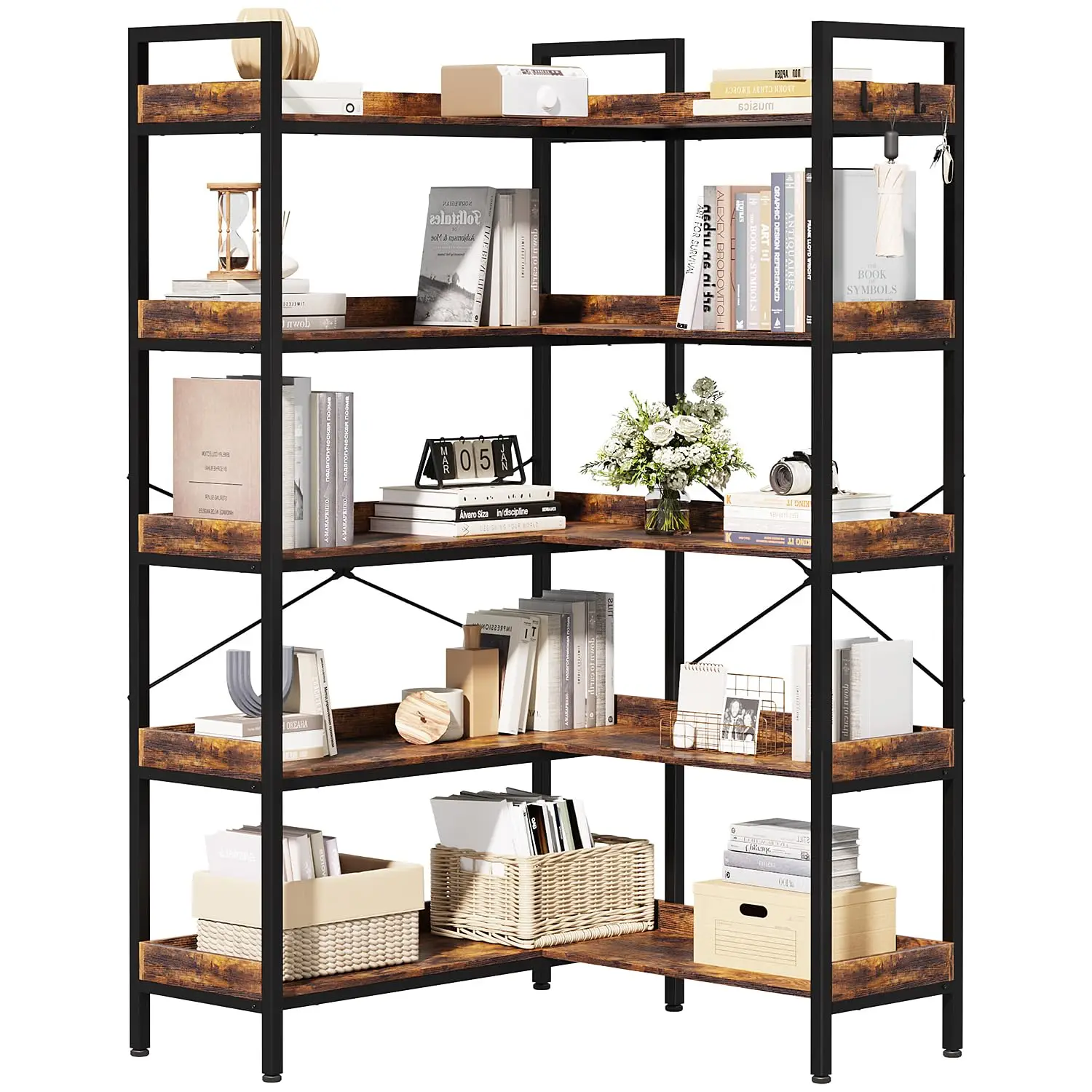 L-Shaped Corner Bookshelf 6-Tier Open Shelf With 4 Hooks 69