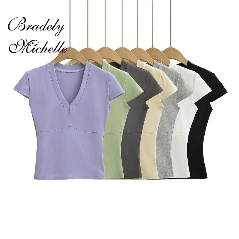 

V-neck Solid Color Summer Crop Tops Women Short Sleeve Tops Sexy Bottoming Blouses T-shirt