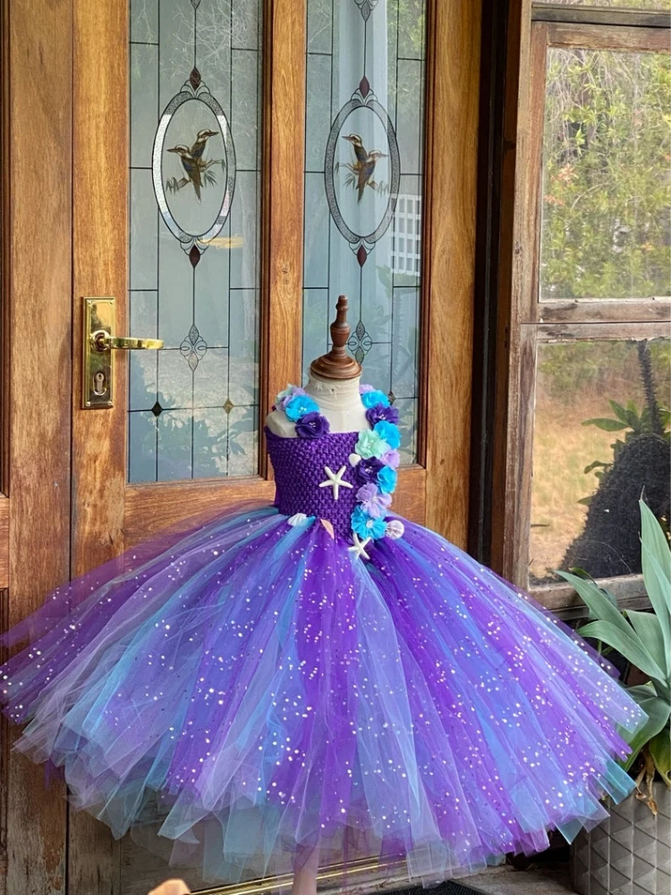 Mermaid Tutu Dress Purple Flower Cosplay Mermaid Birthday Dress Ocean Themed Party Costumes Purple Turquoise Mermaid Dresses