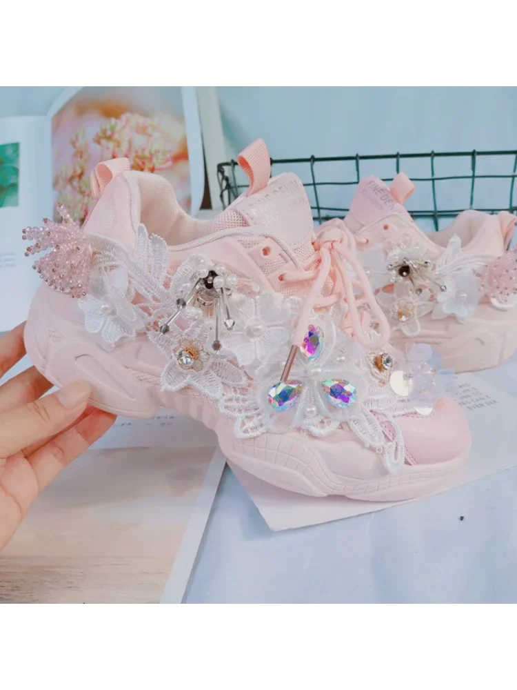 Peach Pink Lace Rhinestone Flower Sweet Girl Dad Shoes Sponge Cake Thick Soled Women's Shoes Japanese Cute Loli Shoes