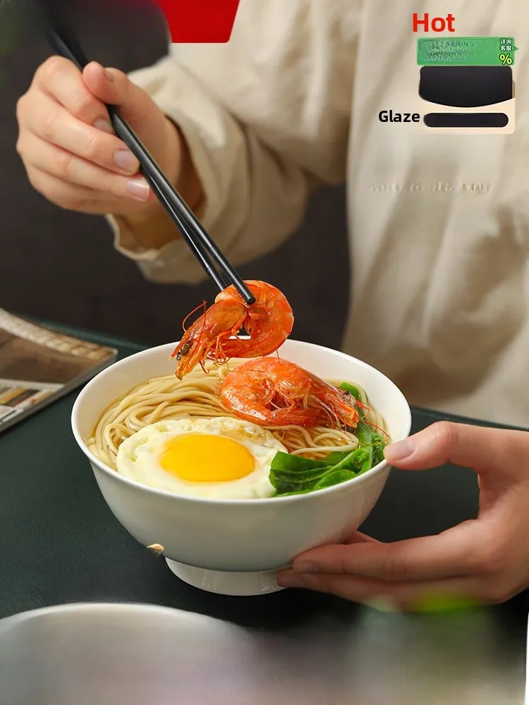 

Large Ceramic Noodle Bowl with High Foot Pure White Porcelain Soup Bowl for Home Use 2026 New Design Minimalist Style