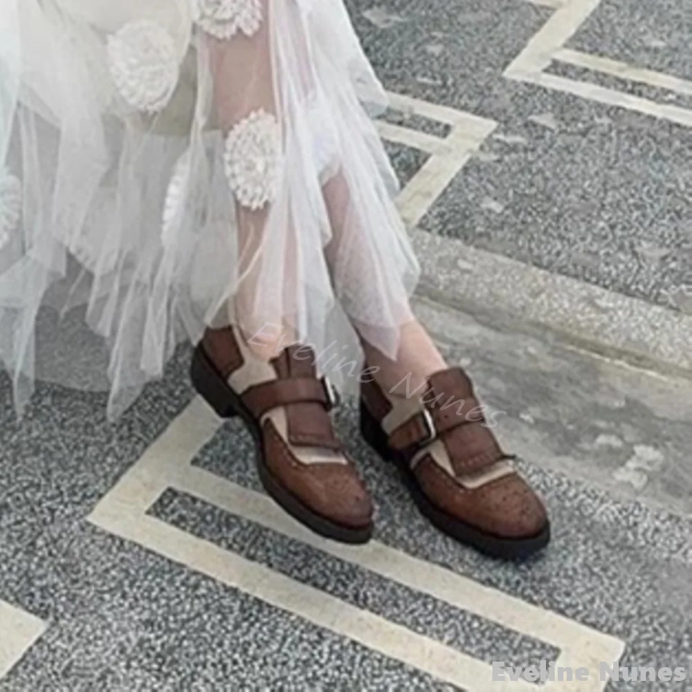 Retro Brown Patchwork Fringe Pumps Women Genuine Leather Round Toe Chunky Heels Belt Buckle Loafer Shoes 2024 British Style Shoe