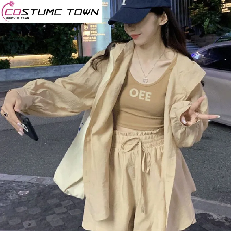 2023 Temperament Age Reducing Fashion Casual Hooded Sun Protection Clothing Korean Version Slim Sports Three Piece Set for Women