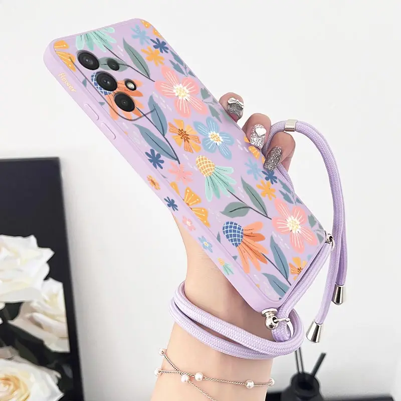 Blooming Season Crossbody Lanyard Silicone Phone Case For Samsung Galaxy A54 A33 A21 A24 A52S A34 A53 A32 A73 A52 A04S Cover