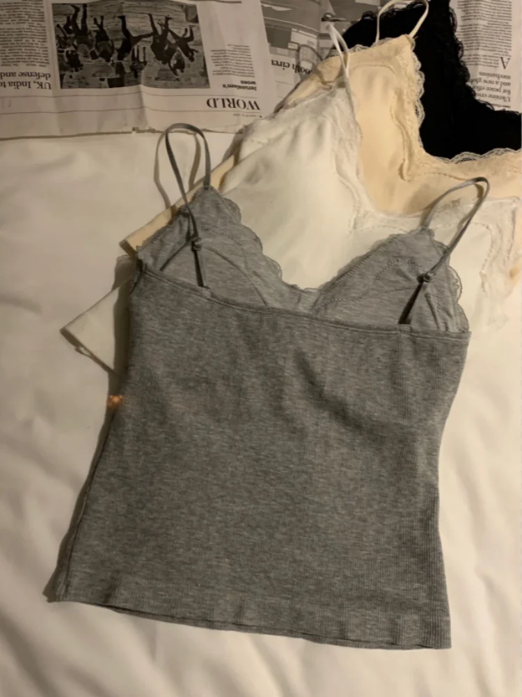 Lace Trim V Neck Camisole Women's Summer Cute Y2k Spaghetti Strap Tank Top With Built-in Cups Korean Style Slim Solid Color Top