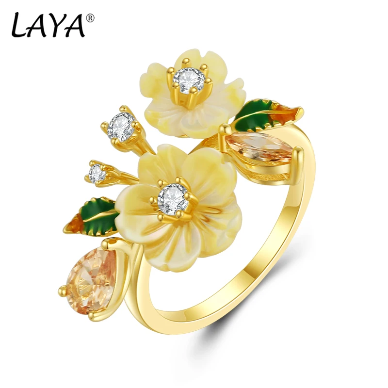 LAYA 100% 925 Sterling Silver Yellow Shell Flower Shining Colorful Zircon Handmade Enamel Designer Finger Fashion Fine Jewelry