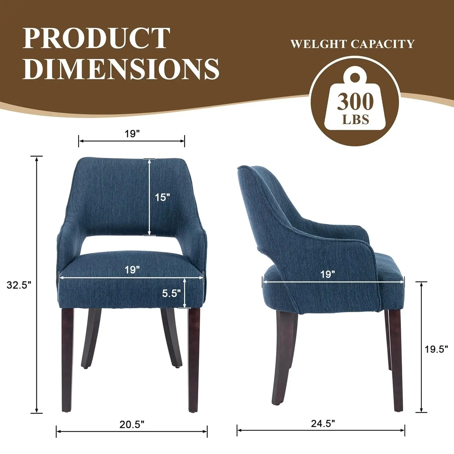Modern Farmhouse Dining Chairs Set of 6 with Arms, Blue Linen Upholstered Dining Room Chairs, Curved Back Accent, Customized
