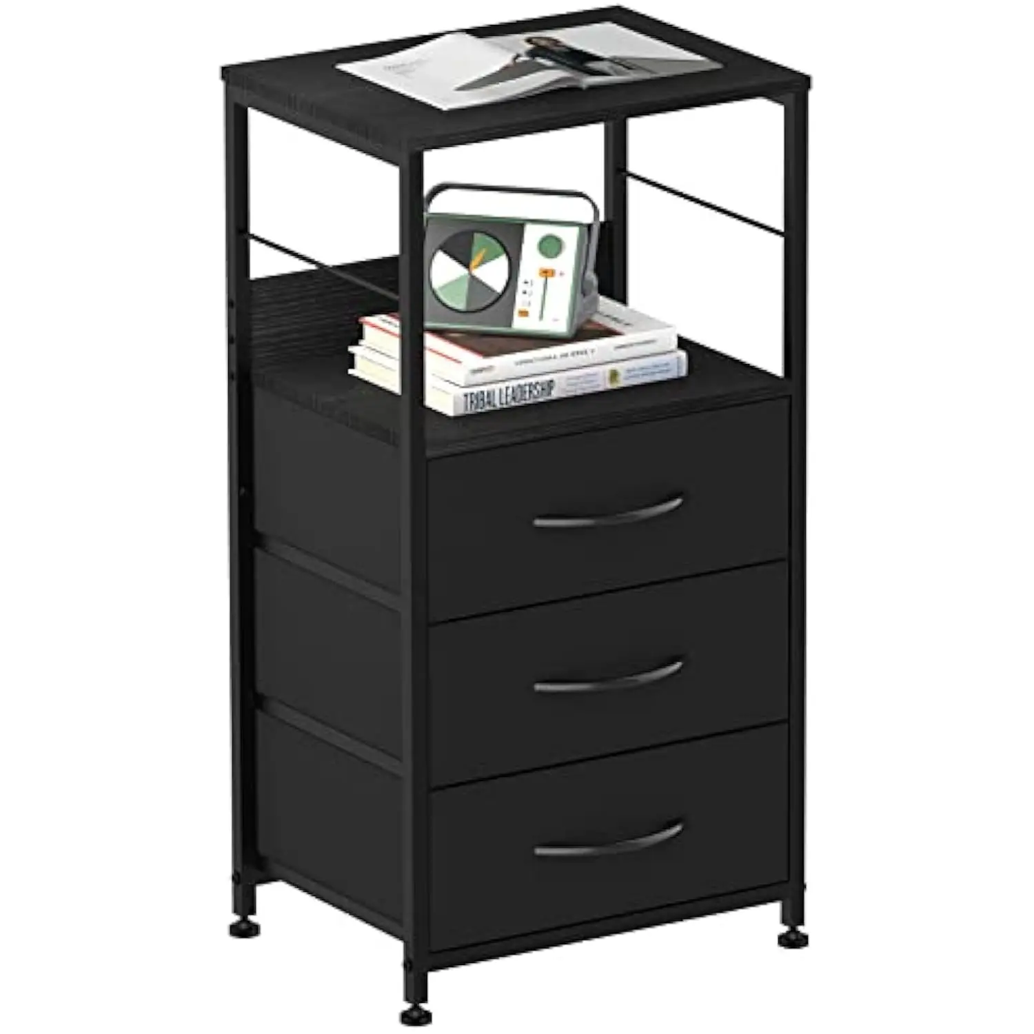 

Black Nightstand with Drawer, Bedroom End Table Tall Night Stand for Living Room Side Table with 3 Fabric Drawers Modern Bedsid