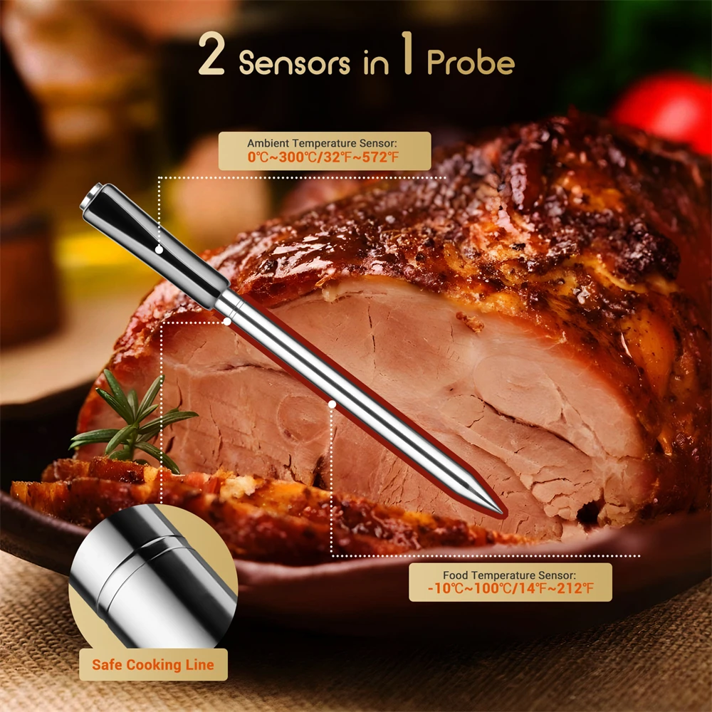 INKBIRD 2-in-1 Truly Wireless Meat Thermometer 91m/300ft Free App Control with Smart Temperature Alarms for Cooking, Oven, Gril