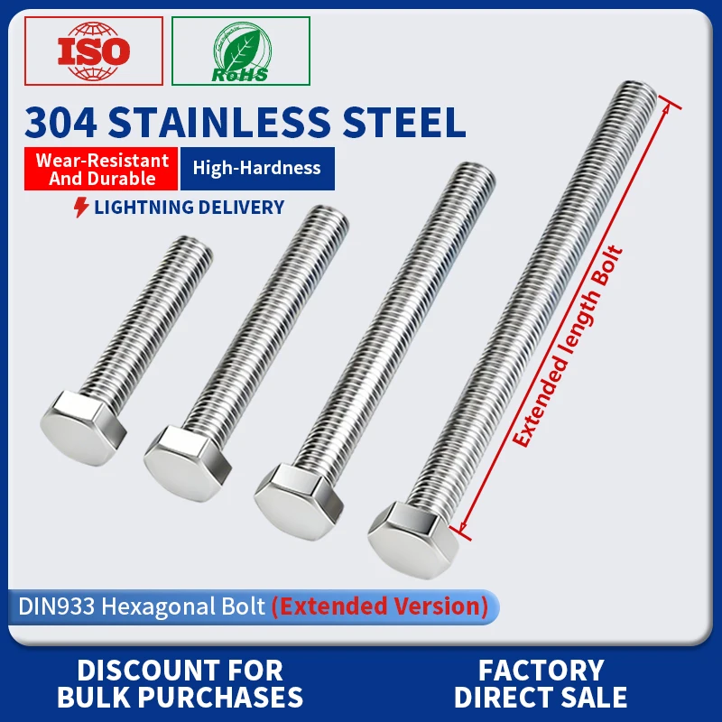 DIN933 304 Stainless Steel Hex Bolt Extended Long Screw M5 M6 M8 M10 M12 Length 110/120/130/140/150/160/170/180mmHexagonal Bolt
