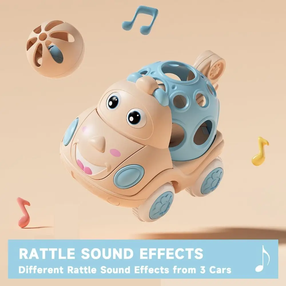 Coche de bebé de goma suave creativo, juguete con sonajero de dibujos animados accionado por fricción, coches enrollables, regalo para presionar y ir, juguete para gatear para niños de 1 a 3 años