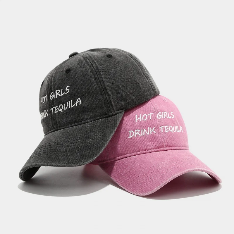 Casquette de baseball en coton lavé avec broderie « Hot Girls Drink Tequila », ajustable, décontractée, pour femmes
